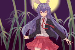 Rule 34 | 1girl, animal ears, bamboo, black jacket, breasts, bright pupils, closed mouth, collared shirt, cowboy shot, crescent, crescent pin, eyebrows hidden by hair, full moon, gradient sky, hair between eyes, highres, jacket, light blush, long hair, long sleeves, looking at viewer, moon, necktie, night, night sky, pink skirt, pleated skirt, purple hair, rabbit ears, red eyes, red necktie, reisen udongein inaba, shirt, skirt, sky, small breasts, smirk, solo, standing, suit jacket, touhou, tsurime, very long hair, white shirt, wind, wing collar, yongzhe mei hong