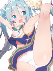 Rule 34 | 1girl, aqua eyes, aqua hair, areola slip, blue shirt, blue skirt, bow, bow panties, breasts, caburi, cheerleader, collared shirt, commentary, crotch seam, facial mark, green necktie, hair ribbon, hatsune miku, headset, holding, holding pom poms, kneepits, lace, lace-trimmed shirt, lace-trimmed skirt, lace trim, leg up, long hair, looking at viewer, medium breasts, midriff, miniskirt, necktie, open mouth, panties, pleated skirt, pom pom (cheerleading), pom poms, ribbon, shirt, sideboob, skirt, sleeveless, sleeveless shirt, smile, solo, split, standing, standing on one leg, standing split, twintails, underwear, very long hair, vocaloid, white panties