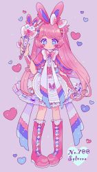 Rule 34 | 1girl, aqua eyes, boots, bow, character name, creatures (company), dress, english text, full body, game freak, gen 6 pokemon, hair bow, hairband, heart, highres, holding, long hair, narumame, nintendo, personification, pink footwear, pink hair, pink hairband, pokedex number, pokemon, purple background, short sleeves, simple background, smile, solo, standing, star (symbol), sylveon