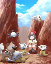 Rule 34 | 1girl, black hair, closed mouth, cloud, creatures (company), cubone, day, full body, game freak, gen 1 pokemon, gen 7 pokemon, green shorts, hands on own knees, hat, highres, magnemite, mk (mikka), nintendo, outdoors, poke ball print, pokemon, pokemon (creature), pokemon sm, print headwear, print shirt, red headwear, rockruff, selene (pokemon), shirt, short hair, short shorts, short sleeves, shorts, smile, squatting, yellow shirt