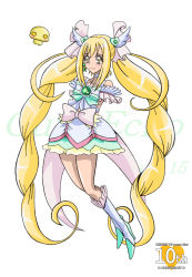 Rule 34 | 1girl, anniversary, arms behind back, arudebido, blonde hair, boots, bow, brooch, character name, choker, copyright name, creature, cure echo, earrings, frills, full body, fuu-chan (precure), hair ribbon, jewelry, knee boots, long hair, magical girl, pink bow, precure, precure all stars new stage: mirai no tomodachi, ribbon, sakagami ayumi, skirt, smile, twintails, very long hair, waist bow, white background, white choker, white footwear, yellow eyes