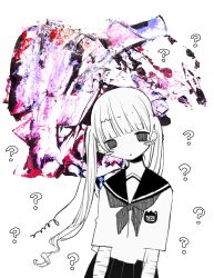 Rule 34 | 1girl, ?, abstract background, absurdres, blush stickers, greyscale with colored background, hatching (texture), highres, long hair, looking at viewer, name tag, neckerchief, noroi (rnatataki), original, pleated skirt, sailor collar, sailor shirt, scar, scar on arm, school uniform, self-harm scar, serafuku, shirt, skirt, solo, straight hair, twintails