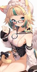 Rule 34 | 1girl, absurdres, animal ears, aqua eyes, aqua hair, armpit crease, bare legs, blonde hair, braid, breasts, cat ears, cat girl, cat tail, character request, clothing cutout, collar, colored inner hair, copyright request, corset, detached sleeves, glasses, hair ornament, hairclip, highres, jun (aousa0328), large breasts, leotard, long hair, maid headdress, mole, mole on breast, multicolored hair, navel, navel cutout, sailor collar, sideboob, simple background, solo, streaked hair, tail, white background, wings
