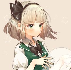 Rule 34 | 1girl, black bow, black bowtie, blunt bangs, bow, bowtie, eyelashes, green eyes, green nails, green vest, hair ribbon, holding, konpaku youmu, konpaku youmu (ghost), light frown, looking to the side, nail polish, pink background, puffy short sleeves, puffy sleeves, ribbon, shirt, short hair, short sleeves, silver hair, simple background, solo, standing, touhou, upper body, vest, white shirt, wing collar, yedan999