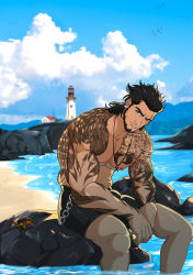 Rule 34 | 1boy, absurdres, bara, beard, bird tattoo, black hair, black male swimwear, black swim trunks, blue sky, blurry, blurry background, chain, cloud, commentary, crab, day, deny pratama, earrings, english commentary, facial hair, final fantasy, final fantasy xv, gladiolus amicitia, highres, jewelry, lighthouse, looking at viewer, male focus, male swimwear, medium hair, muscular, muscular male, mustache, necklace, nipples, on rock, outdoors, pectorals, rock, sitting, sky, soaking feet, square enix, stubble, swim trunks, swimsuit, tattoo
