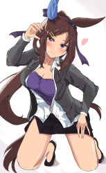 Rule 34 | 1girl, absurdres, admire vega (umamusume), animal ears, black skirt, blush, breasts, brown hair, cleavage, commentary request, dress shirt, ear covers, ekazawa sdvx, hair ornament, hairclip, heart, highres, horse ears, horse girl, horse tail, jacket, kneeling, looking at viewer, medium breasts, office lady, open clothes, open jacket, partially unbuttoned, pencil skirt, pinstripe jacket, pinstripe pattern, ponytail, purple eyes, purple shirt, shirt, simple background, single ear cover, skirt, smile, solo, striped, sweatdrop, tail, umamusume, white background, white shirt