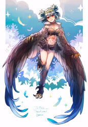 Rule 34 | 1girl, artist name, bird legs, black feathers, black shorts, black wings, blush, breasts, claws, commentary request, commission, feathers, green hair, harpy, heart, heart tattoo, highres, hogara, indie virtual youtuber, lincoro, monster girl, navel, open mouth, overskirt, pointy ears, red eyes, short hair, short shorts, short twintails, shorts, skeb commission, small breasts, solo, sparkle, stomach tattoo, talons, tattoo, thank you, tiara, twintails, virtual youtuber, winged arms, wings