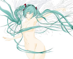 Rule 34 | 1girl, aqua hair, armpits, asunogear, breasts, cleavage, closed mouth, cowboy shot, closed eyes, floating hair, hair censor, hair ornament, hair over breasts, hair over crotch, hatsune miku, headphones, headset, long hair, medium breasts, microphone, navel, nude, outstretched arms, simple background, solo, standing, twintails, underboob, very long hair, vocaloid, white background