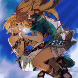 Rule 34 | 1boy, 1girl, archaic set (zelda), armlet, bandaged leg, bandages, bare shoulders, blonde hair, blue sky, bracelet, choker, corrupted twitter file, dress, earrings, falling, gladiator sandals, green eyes, green tunic, hair between eyes, highres, holding hands, jewelry, link, long hair, looking at another, nintendo, parted bangs, parted lips, pointy ears, princess zelda, sandals, short hair, shuo yue, sidelocks, sky, the legend of zelda, the legend of zelda: tears of the kingdom, thick eyebrows, white dress