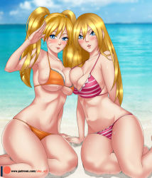 Rule 34 | 2girls, blonde hair, blue eyes, blush, breasts, cleavage, father and son, genderswap, genderswap (mtf), highres, large breasts, long hair, looking at viewer, multiple girls, naruko (naruto), naruto, naruto (series), parted lips, sitting, smile, swimsuit, twintails, uzumaki boruto, uzumaki naruto