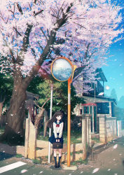 Rule 34 | 2girls, 40hara, :o, bag, bare tree, black footwear, black hair, black skirt, black socks, blouse, blue eyes, blue skirt, blue sky, bow, bowtie, branch, breasts, briefcase, broken wall, brown hair, building, cherry blossoms, commentary request, day, fence, floating hair, full body, gate, glass, grass, highres, holding, holding bag, house, kneehighs, loafers, long sleeves, looking away, looking to the side, manhole cover, mirror, motion blur, multiple girls, original, outdoors, paper, petals, phone booth, plant, pleated skirt, pole, power lines, red bow, red bowtie, reflection, road, sailor collar, scenery, school briefcase, school uniform, serafuku, shade, shadow, shirt, shoes, short hair, skirt, sky, small breasts, socks, solo focus, spring (season), standing, street, sunlight, torii, traffic mirror, tree, v arms, veranda, waiting, waving arm, white shirt, wind, window, wooden fence