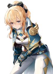 Rule 34 | 1girl, absurdres, adjusting clothes, black bow, blonde hair, blouse, blue capelet, blue eyes, blush, bow, breasts, capelet, cleavage, commentary, cowboy shot, crotch seam, gauntlets, genshin impact, gloves, gold trim, hair between eyes, hair bow, highres, jean (genshin impact), leaning forward, long hair, looking down, medium breasts, mon-chan, pants, parted lips, ponytail, shirt, sidelocks, simple background, solo, standing, tight clothes, tight pants, white background, white pants, white shirt