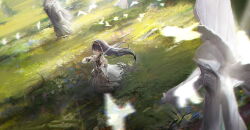 Rule 34 | 1girl, alternate costume, bare shoulders, black hair, blunt bangs, closed eyes, detached sleeves, dress, floating hair, flower, from above, grass, hair ornament, highres, instrument, long hair, long sleeves, meadow, motion blur, music, on grass, outdoors, playing instrument, puffy detached sleeves, puffy sleeves, punishing: gray raven, selena (punishing: gray raven), simple bird, sleeveless, sleeveless dress, solo, statue, violin, white dress, xiao feng
