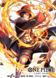 Rule 34 | 1boy, abs, black eyes, black hair, clenched hand, clenched teeth, commentary request, english text, fire, freckles, hat, hokuyuu, male focus, official art, one piece, orange hat, portgas d. ace, short hair, smile, solo, teeth, translation request