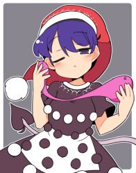 Rule 34 | 1girl, black dress, blue eyes, blue hair, blush, border, closed mouth, doremy sweet, dream soul, dress, hat, ini (inunabe00), nightcap, one eye closed, pom pom (clothes), red hat, short hair, short sleeves, solo, tail, tapir tail, touhou, upper body, white border