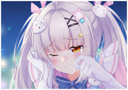 Rule 34 | 1girl, bear hair ornament, blue bow, bow, brown eyes, clenched teeth, crying, crying with eyes open, gloves, grey hair, hair intakes, hair ornament, hair ribbon, hairclip, hands up, highres, indie virtual youtuber, long hair, one eye closed, pink ribbon, pink sailor collar, ribbon, sailor collar, solo, tears, teeth, twintails, upper body, virtual youtuber, white gloves, x-6, x hair ornament, yumesaki ao