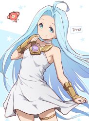 Rule 34 | 1girl, ahoge, bare shoulders, blue eyes, blue hair, breasts, bridal gauntlets, choker, closed mouth, dress, fingerless gloves, flat chest, gloves, granblue fantasy, jewelry, kiikii (kitsukedokoro), long hair, looking at viewer, lyria (granblue fantasy), small breasts, smile, solo, very long hair, vyrn (granblue fantasy), white dress