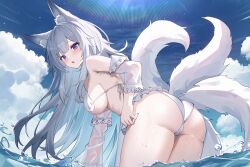 Rule 34 | 1girl, :o, animal ear fluff, animal ears, ass, azur lane, bent over, bikini, blue sky, blush, breasts, cloud, cloudy sky, commentary request, day, detached sleeves, fox ears, fox girl, fox tail, frilled bikini, frills, grey hair, highres, large breasts, large tail, lens flare, long hair, looking at viewer, multiple tails, ocean, official alternate costume, outdoors, parted lips, purple eyes, shinano (azur lane), shinano (dreamy white sands) (azur lane), sky, solo, swimsuit, tail, thighs, usagi (786113654), very long hair, wading, water, wet, white bikini