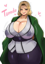 Rule 34 | 1girl, absurdres, blonde hair, breasts, brown eyes, bursting breasts, covered erect nipples, cowboy shot, curvy, facial mark, forehead mark, grin, hair intakes, highres, huge breasts, japanese clothes, lactation, lactation through clothes, long hair, naruto (series), pants, plump, puffy nipples, sash, smile, solo, standing, sweat, thick thighs, thighs, tsunade (naruto), veins, veiny breasts, zxcv (pixiv3783098)