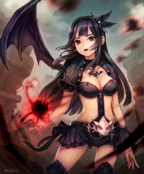 Rule 34 | 1girl, :o, artist name, asymmetrical wings, belt, black hair, black skirt, bone, breasts, chain, cleavage, collarbone, contrapposto, cowboy shot, dawkinsia, determined, glowing, goth fashion, hair ornament, hairband, highres, horns, jewelry, long hair, looking at viewer, magic, magical girl, medium breasts, midriff, necklace, open mouth, original, outdoors, pendant, red eyes, short sleeves, single wing, skirt, skull, solo, standing, teeth, wings