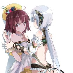 Rule 34 | 2girls, atelier (series), atelier sophie, backless outfit, bad id, bad pixiv id, bare shoulders, blush, brown eyes, brown hair, detached sleeves, female focus, hair ornament, hand on another&#039;s chin, hat, long hair, looking away, low ponytail, maromi (am97), multiple girls, plachta, puffy short sleeves, puffy sleeves, revision, shirt, short sleeves, silver hair, smile, sophie neuenmuller, very long hair, yuri