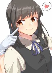 Rule 34 | 1girl, absurdres, black hair, black vest, blue ribbon, brown eyes, come2traveling, gloves, hayashio (kancolle), heart, highres, kantai collection, long hair, mole, mole under eye, pointing, pointing at self, ribbon, school uniform, shirt, simple background, solo, spoken heart, upper body, vest, white background, white gloves, white shirt