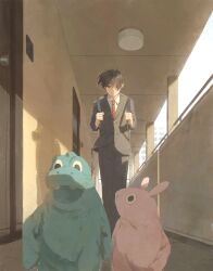 Rule 34 | 1boy, apartment, backpack, bag, black hair, black pants, black suit, closed mouth, creature, day, formal, highres, holding strap, kusamie, long sleeves, looking at viewer, male focus, necktie, original, pants, rabbit, railing, red necktie, school uniform, shade, shadow, short hair, solo, standing, striped necktie, suit, sunlight