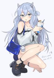 Rule 34 | 1girl, bag, black footwear, blue eyes, blush, boots, collarbone, dated, drink, drinking straw, hair between eyes, headgear, high heel boots, high heels, highres, holding, holding drink, i-203 (kancolle), kantai collection, long hair, long sleeves, one-hour drawing challenge, open mouth, shoulder bag, solo, toriniku senshi chikinman, twitter username, white hair