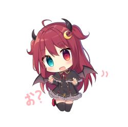 Rule 34 | 1girl, :d, black capelet, black dress, black thighhighs, blue eyes, blush, brown wings, capelet, chibi, commentary request, crescent, crescent hair ornament, demon girl, demon horns, demon wings, dress, frilled capelet, frilled dress, frills, hair between eyes, hair ornament, head tilt, heterochromia, highres, horns, long hair, long sleeves, looking at viewer, nijisanji, open mouth, red eyes, red footwear, red hair, shoes, simple background, sleeves past wrists, smile, solo, thighhighs, translation request, two side up, very long hair, virtual youtuber, white background, wings, yada (xxxadaman), yuzuki roa