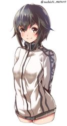 Rule 34 | 10s, 1girl, arms behind back, black hair, breasts, commentary request, grey eyes, hayasui (kancolle), jacket, kantai collection, long sleeves, looking at viewer, mataichi mataro, short hair, simple background, smile, solo, track jacket, turtleneck, twitter username, white background, zipper