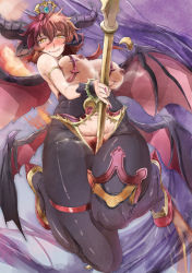 Rule 34 | 1girl, bad id, bad pixiv id, black legwear, blush, breasts, colored pubic hair, crotchless, crown, demon girl, demon wings, fang, female pubic hair, gradient background, horns, huge breasts, nipples, pubic hair, puzzle &amp; dragons, red hair, red pubic hair, scarlet (p&amp;d), slit pupils, solo, wings, yellow eyes, yohane