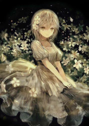 Rule 34 | 1girl, absurdres, bad id, bad pixiv id, black background, blonde hair, closed mouth, dress, expressionless, film grain, flower, hair between eyes, hair flower, hair ornament, highres, opopowa, original, own hands together, puffy short sleeves, puffy sleeves, short sleeves, solo, white dress, white flower, yellow eyes