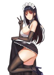 Rule 34 | 1girl, apron, ass, bad id, bad pixiv id, bare shoulders, black dress, black footwear, black gloves, black hair, black thighhighs, blush, breasts, choker, closed mouth, clothes lift, cowboy shot, dress, dress lift, elbow gloves, frilled choker, frills, from side, gloves, gongba laoge, hand up, high heels, highres, large breasts, leg up, long hair, looking at viewer, maid, maid apron, maid headdress, mole, mole under eye, original, purple eyes, red eyes, sandals, shoe soles, simple background, skindentation, skirt, skirt lift, smile, solo, standing, standing on one leg, thighhighs, thighs, v, white background
