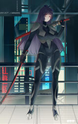 Rule 34 | 1girl, absurdres, black bodysuit, bodysuit, breasts, closed mouth, contrapposto, dual wielding, full body, gluteal fold, high heels, highres, holding, holding sword, holding weapon, katana, large breasts, looking at viewer, milephunter, original, purple hair, railing, red eyes, solo, sword, weapon