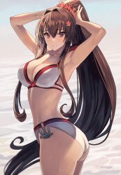 Rule 34 | 1girl, anchor, armpits, arms up, ass, beach, bikini, breasts, brown eyes, brown hair, cherry blossoms, cleavage, commentary request, flower, from side, hair between eyes, hair flower, hair intakes, hair ornament, high ponytail, highres, kantai collection, kasumi (skchkko), large breasts, long hair, looking at viewer, ocean, outdoors, parted lips, ponytail, red bikini, smile, solo, swimsuit, turning head, two-tone bikini, tying hair, very long hair, wet, white bikini, yamato (kancolle)