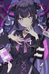 Rule 34 | 1girl, absurdres, anda (tuyu), banknote, belt collar, black hair, blunt bangs, choker, collar, commentary request, congratulations, cover, fang, feathers, highres, hutaba haru, jirai kei, long hair, looking at viewer, money, phone, purple eyes, purple hair, smile, solo, symbol-shaped pupils, tuyu (band), under kids, x-shaped pupils