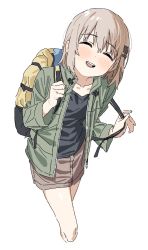 Rule 34 | 1girl, ^ ^, backpack, bag, bare legs, black shirt, blush, brown skirt, closed eyes, collarbone, cropped legs, facing viewer, green jacket, hair ornament, hairclip, highres, jacket, kona ming, light brown hair, long sleeves, miniskirt, open clothes, open jacket, open mouth, shirt, short sleeves, sidelocks, simple background, skirt, smile, solo, thighs, white background, yama no susume, yukimura aoi