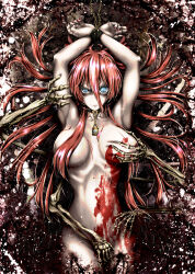 Rule 34 | 1girl, armpits, arms up, blood, blood on breasts, blue eyes, breasts, chain, commentary request, completely nude, cowboy shot, fingernails, hair between eyes, hair over breasts, highres, kazesayuru, large breasts, long bangs, long hair, looking at viewer, m.u.g.e.n, magical girl magical kitarin, navel, nude, red hair, red nails, skeleton, solo, uneven eyes