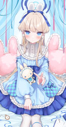 Rule 34 | 1girl, alternate costume, animal ears, bed sheet, blue archive, blue dress, blue eyes, closed mouth, commentary request, curtains, dress, frilled dress, frills, halo, highres, light brown hair, long hair, long sleeves, looking at viewer, maid headdress, masshirokachi, pantyhose, pocket watch, puffy long sleeves, puffy sleeves, rabbit ears, rabbit-shaped pillow, sitting, solo, stuffed animal, stuffed rabbit, stuffed toy, toki (blue archive), v, very long hair, watch, white pantyhose
