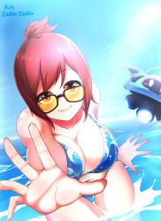 Rule 34 | 1girl, artist name, bad id, bad pixiv id, bare shoulders, bikini, black-framed eyewear, blue bikini, blue sky, blush, breasts, brown eyes, brown hair, cleavage, collarbone, day, drone, eyebrows, fingernails, floating, glasses, hair bun, highres, hollowgom, large breasts, long fingernails, looking at viewer, machinery, mei (overwatch), navel, ocean, overwatch, overwatch 1, palms, partially submerged, pink lips, reaching, reaching towards viewer, robot, short hair, sidelocks, single hair bun, sky, smile, snowball (overwatch), solo, swimsuit, thigh gap, wading, water