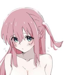Rule 34 | 1girl, artist request, bare shoulders, blue eyes, blush, bocchi the rock!, breasts, cameltoe, collarbone, female focus, gotoh hitori, long hair, looking at viewer, medium breasts, no shirt, pink hair, simple background, upper body, white background