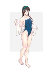 Rule 34 | 1girl, alternate costume, bare legs, bare shoulders, barefoot, black hair, blouse, blue one-piece swimsuit, blush, breasts, collarbone, commentary, competition school swimsuit, english commentary, glasses, green eyes, groin, hairband, highleg, highres, kantai collection, long hair, long sleeves, looking at viewer, one-piece swimsuit, ooyodo (kancolle), parted lips, school swimsuit, semi-rimless eyewear, shirt, sidelocks, simple background, skindentation, small breasts, solo, swimsuit, swimsuit under clothes, under-rim eyewear, undressing, white background, white shirt, yuuji (and)