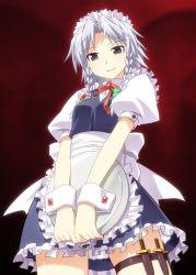 Rule 34 | 1girl, black eyes, braid, female focus, frills, holster, izayoi sakuya, knife, light smile, looking at viewer, maid, maid headdress, red background, silver hair, solo, thigh strap, touhou, tray, twin braids, umekichi, v arms, wrist cuffs