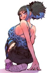 Rule 34 | 1girl, :p, absurdres, animal print, arm support, ass, black hair, blue hair, blue shirt, blue tank top, blush, breasts, cleavage, colored skin, highres, huge breasts, leopard print, looking at viewer, looking back, multicolored hair, purple footwear, satsuki ouhara, shirt, shoes, sideboob, smile, sneakers, solo, streaked hair, striped clothes, striped thighhighs, tank top, teihen no daigaku janaru, thighhighs, tongue, tongue out, twintails, upper body, white background, white skin, zyugoya