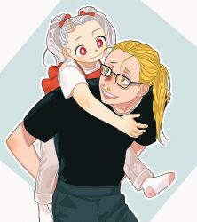 Rule 34 | 1boy, 1girl, alternate costume, alternate hairstyle, black-framed eyewear, black hair, blonde hair, boku no hero academia, bow, bowtie, bright pupils, carrying, child, commentary request, eri (boku no hero academia), facial hair, glasses, green eyes, grey hair, hetero, highres, horns, long hair, looking at another, looking back, mustache, oru 2ji, piggyback, ponytail, present mic, red bow, red bowtie, red eyes, shirt tucked in, short sleeves, simple background, single horn, smile, socks, twintails, white pupils