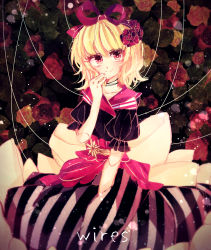 Rule 34 | 1girl, alternate costume, alternate eye color, blonde hair, blush, doll, doll joints, dress, eyelashes, floral background, flower, frills, hair flower, hair ornament, hair ribbon, hand on own chin, highres, joints, medicine melancholy, medium hair, phantasmagoria of flower view, pink eyes, pink ribbon, puffy short sleeves, puffy sleeves, ratto (mobilis 1870), ribbon, rose, sailor collar, short sleeves, smile, string, striped clothes, striped dress, touhou, white ribbon