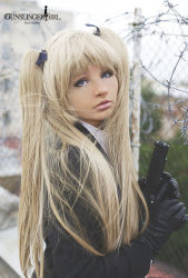 Rule 34 | 1girl, artist request, barbed wire, black gloves, blurry, chain-link fence, copyright name, cosplay, depth of field, eyeliner, fence, gloves, gun, gunslinger girl, handgun, leather, lip gloss, looking at viewer, looking to the side, makeup, mascara, outdoors, parted lips, photo (medium), pistol, solo, triela, triela (cosplay), twintails, upper body, weapon