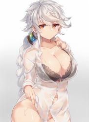 Rule 34 | 10s, 1girl, alternate costume, asymmetrical hair, bad id, bad twitter id, black bra, blouse, blush, bottomless, bra, braid, breasts, brown eyes, cleavage, curvy, gradient background, grey background, hair between eyes, hair ornament, jitome, kantai collection, large breasts, long hair, looking at viewer, navel, no panties, pokoten (pokoten718), see-through, shirt, single braid, solo, unbuttoned, underwear, unryuu (kancolle), very long hair, wet, wet clothes, wet shirt, white hair, white shirt, wide hips