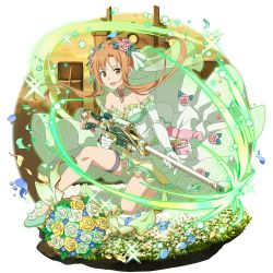 Rule 34 | 1girl, :d, asuna (sao), blue flower, bouquet, breasts, brown eyes, brown hair, choker, cleavage, dress, elbow gloves, floating hair, flower, frilled dress, frilled gloves, frills, full body, gloves, green dress, green flower, green footwear, green gloves, green rose, gun, hair flower, hair ornament, high heels, highres, holding, holding gun, holding weapon, jewelry, medium breasts, necklace, official art, on one knee, open mouth, pink flower, pumps, rifle, rose, short dress, short hair with long locks, sidelocks, sleeveless, sleeveless dress, smile, solo, sword art online, thigh strap, transparent background, weapon, white flower, white rose, yellow flower, yellow rose