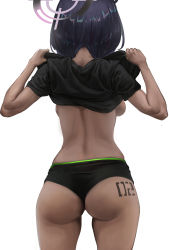 Rule 34 | 1girl, absurdres, ass, ass tattoo, b-pang, backboob, black panties, black shirt, blouse, blue archive, breasts, clothes lift, cowboy shot, dark-skinned female, dark skin, facing away, from behind, halo, hands up, highres, karin (blue archive), lifting own clothes, number tattoo, panties, purple hair, shirt, shirt lift, short sleeves, simple background, solo, standing, tattoo, underwear, white background